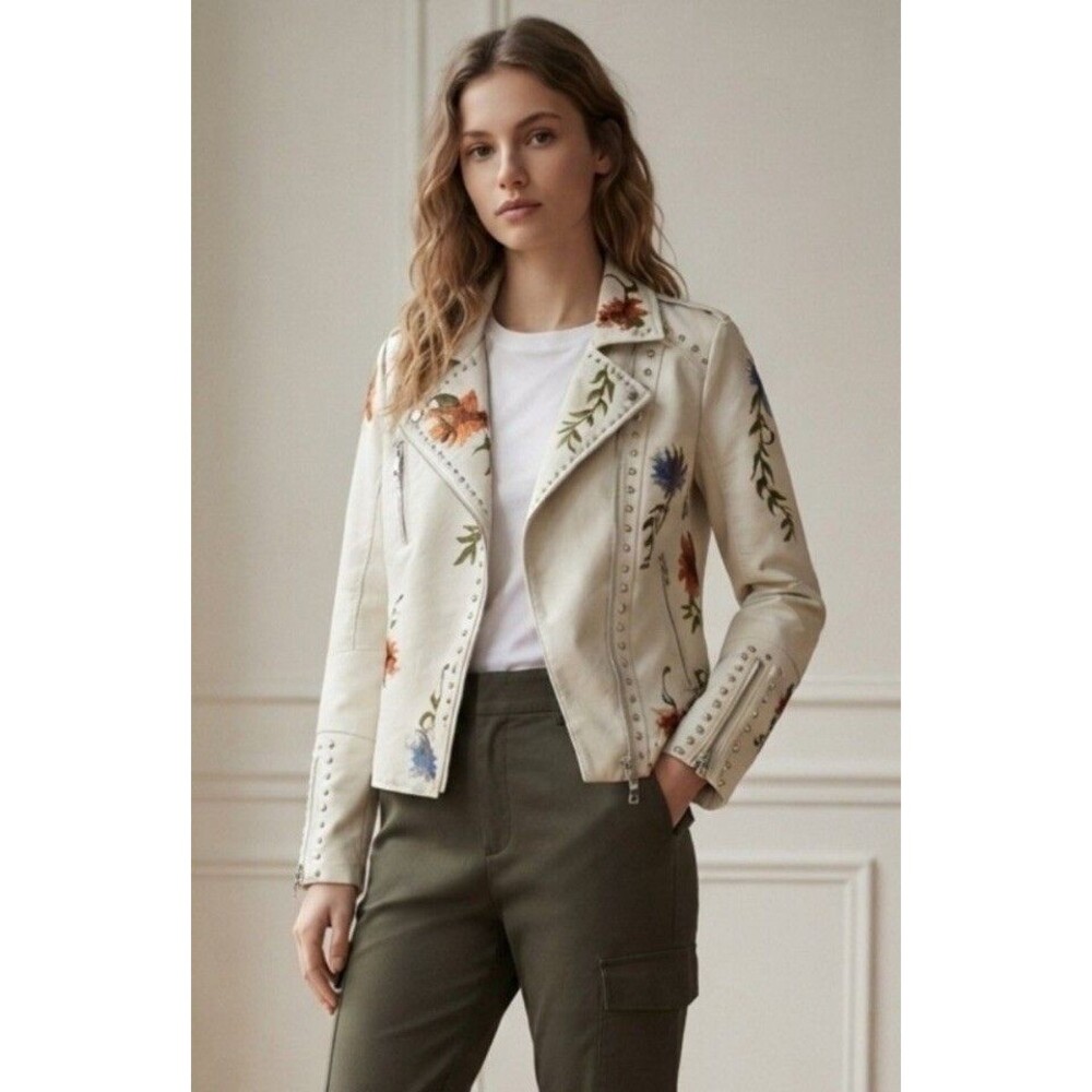 Ly Varey Lin Women’s Size L Faux Leather Floral Embroidered Moto Jacket NWT